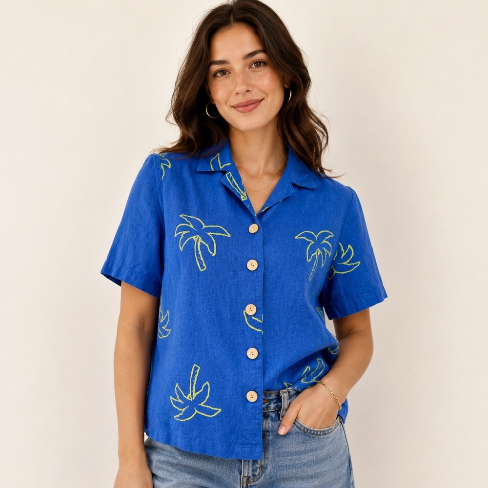 Erin London Button Down Shirt Small Blue Palm Tree Linen Blend Short Sleeve Y2K